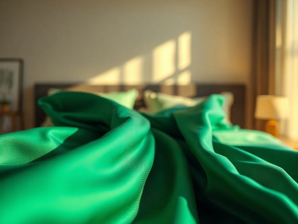Elegancka, szmaragdowa tkanina satynowa o połyskującej fakturze, ułożona w miękkie i pełne wdzięku fałdy.